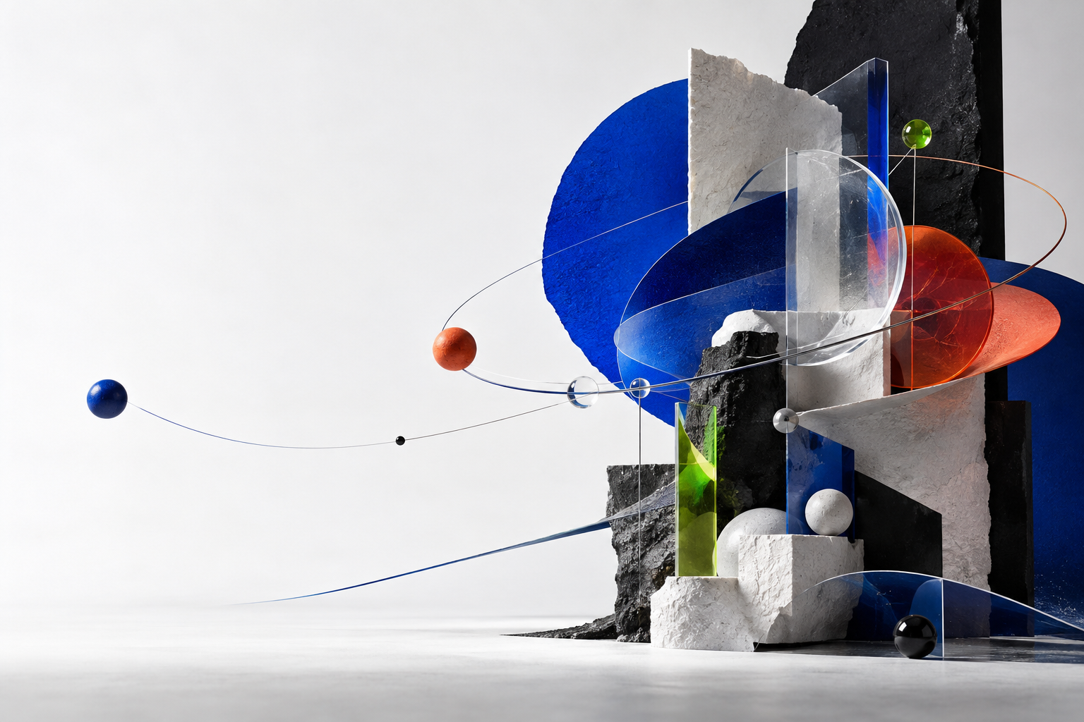 Composición abstracta que representa ideas convirtiéndose en un sistema de producción
