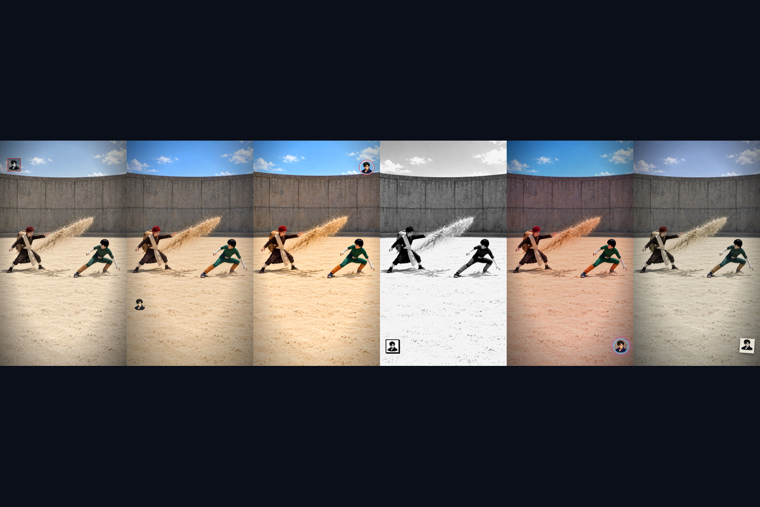 Seis fotogramas del mismo plano con seis presets distintos