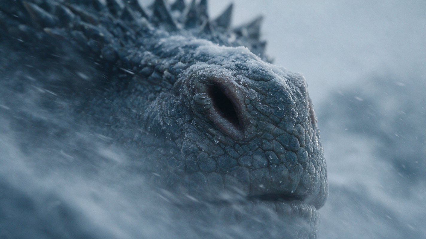Primer plano cinematográfico de un dragón cubierto de hielo